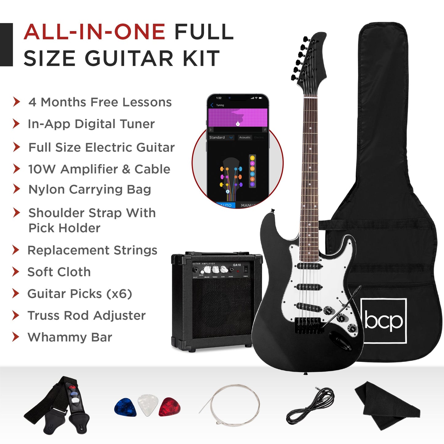 Beginner Electric Guitar Kit w/ Case, 10W Amp, Tremolo Bar - 39in