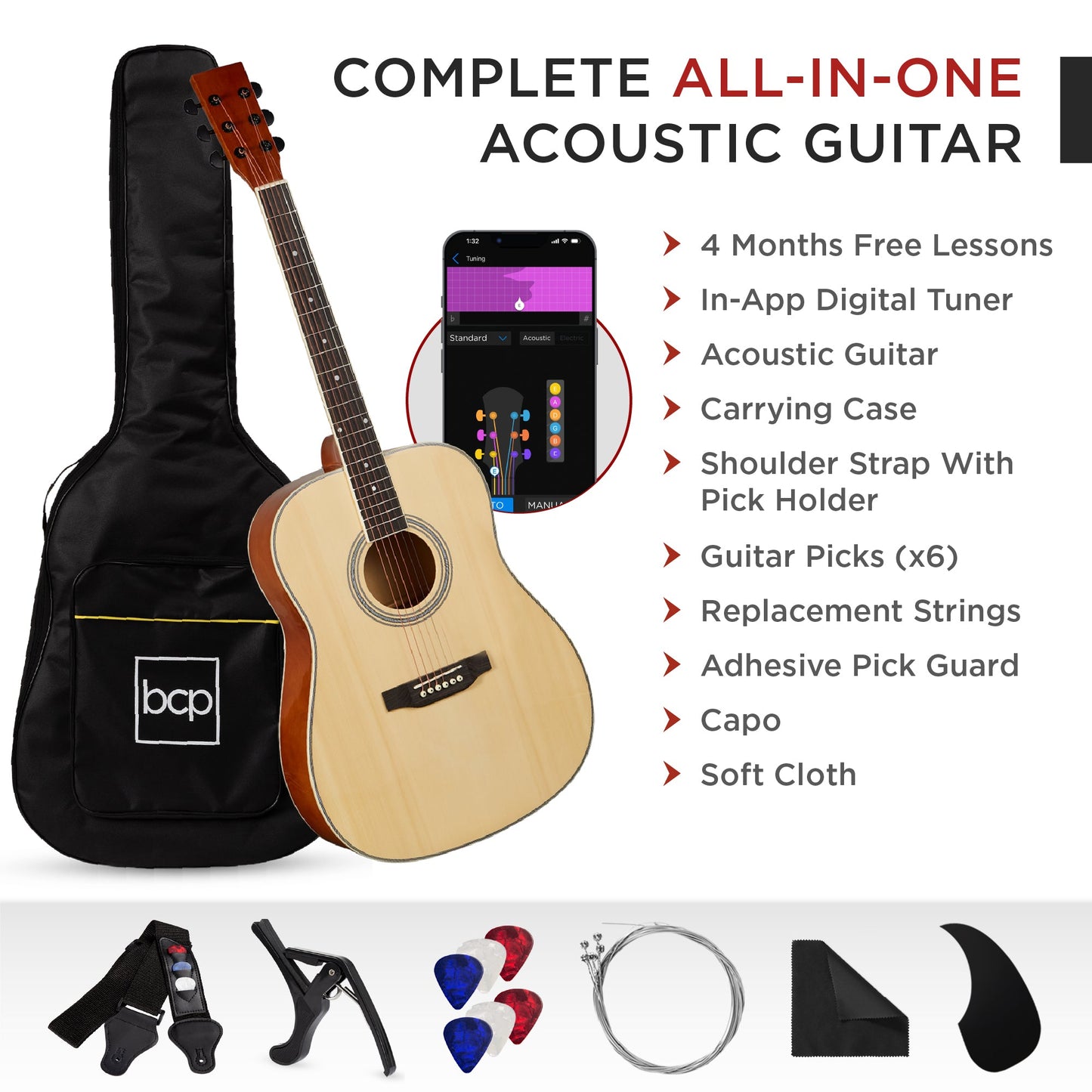 41in Acoustic Guitar Starter Kit w/ Digital Tuner, Padded Case, Picks, Strap