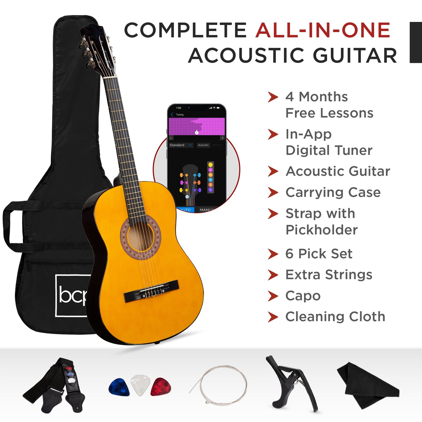 Beginner Acoustic Guitar Set w/ Case, Strap, Extra Strings - 38in