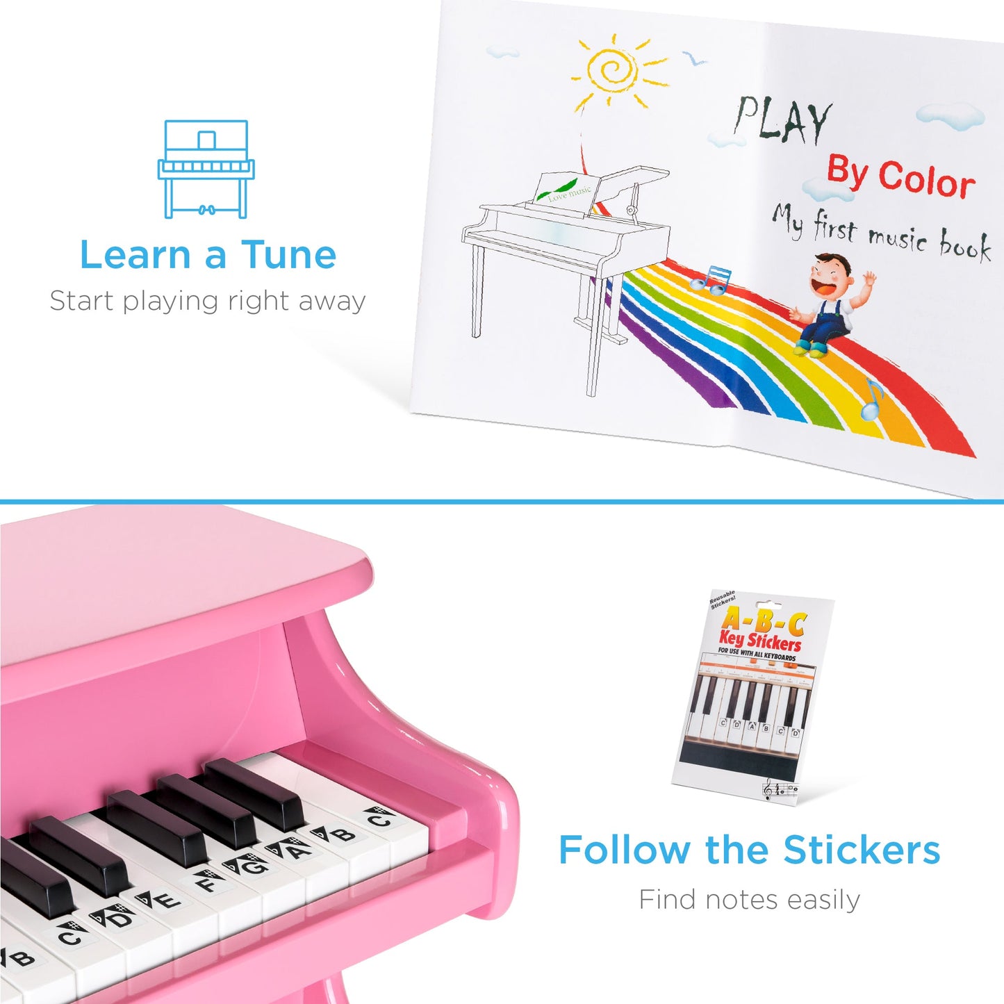 Kids 25-Key Wooden Learn-to-Play Mini Piano w/ Key Note Stickers, Music Book