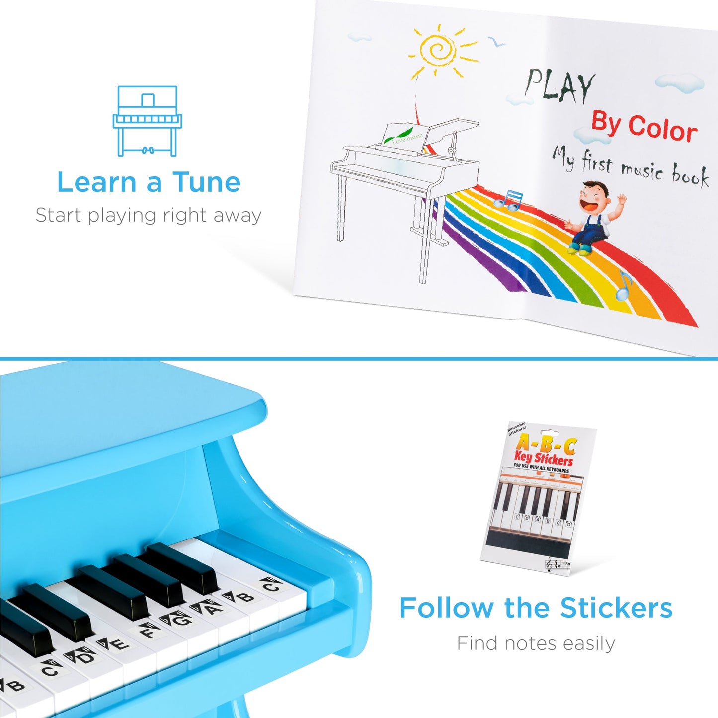 Kids 25-Key Wooden Learn-to-Play Mini Piano w/ Key Note Stickers, Music Book