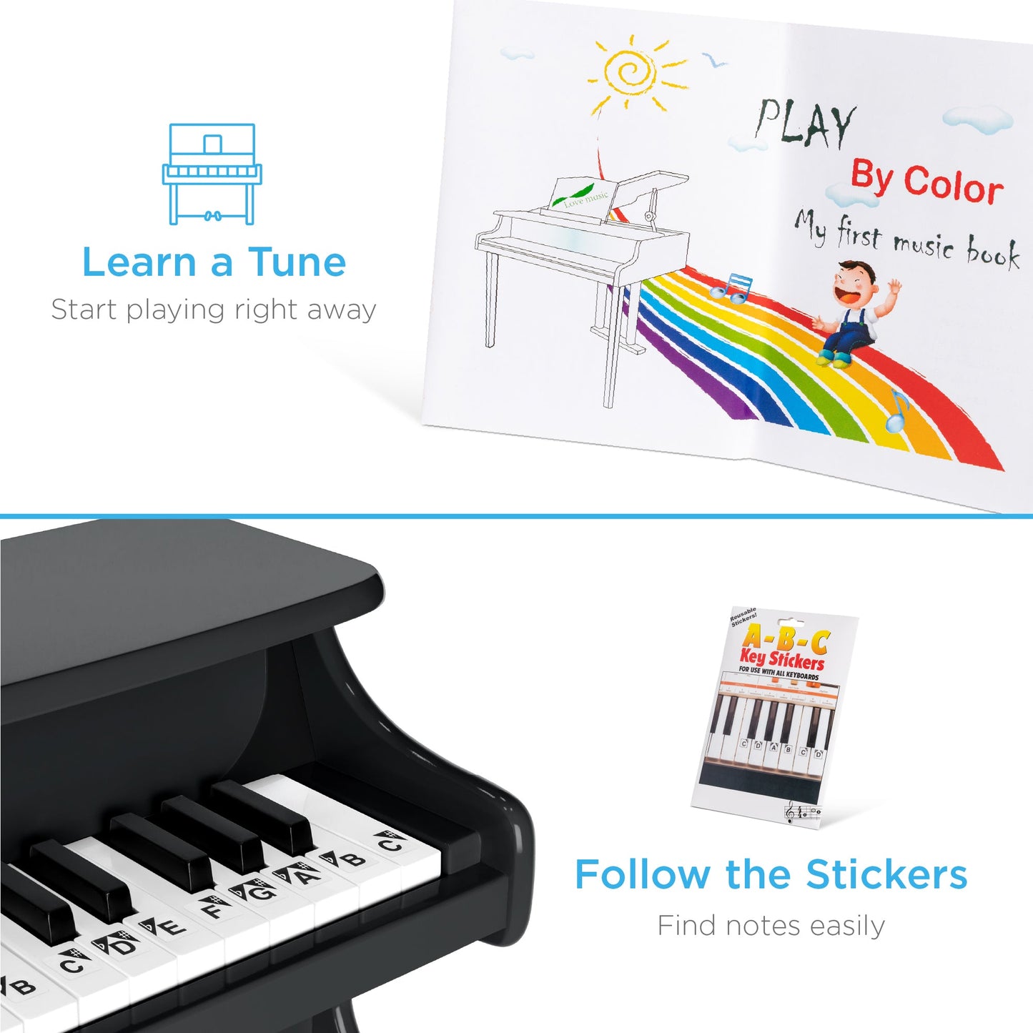 Kids 25-Key Wooden Learn-to-Play Mini Piano w/ Key Note Stickers, Music Book