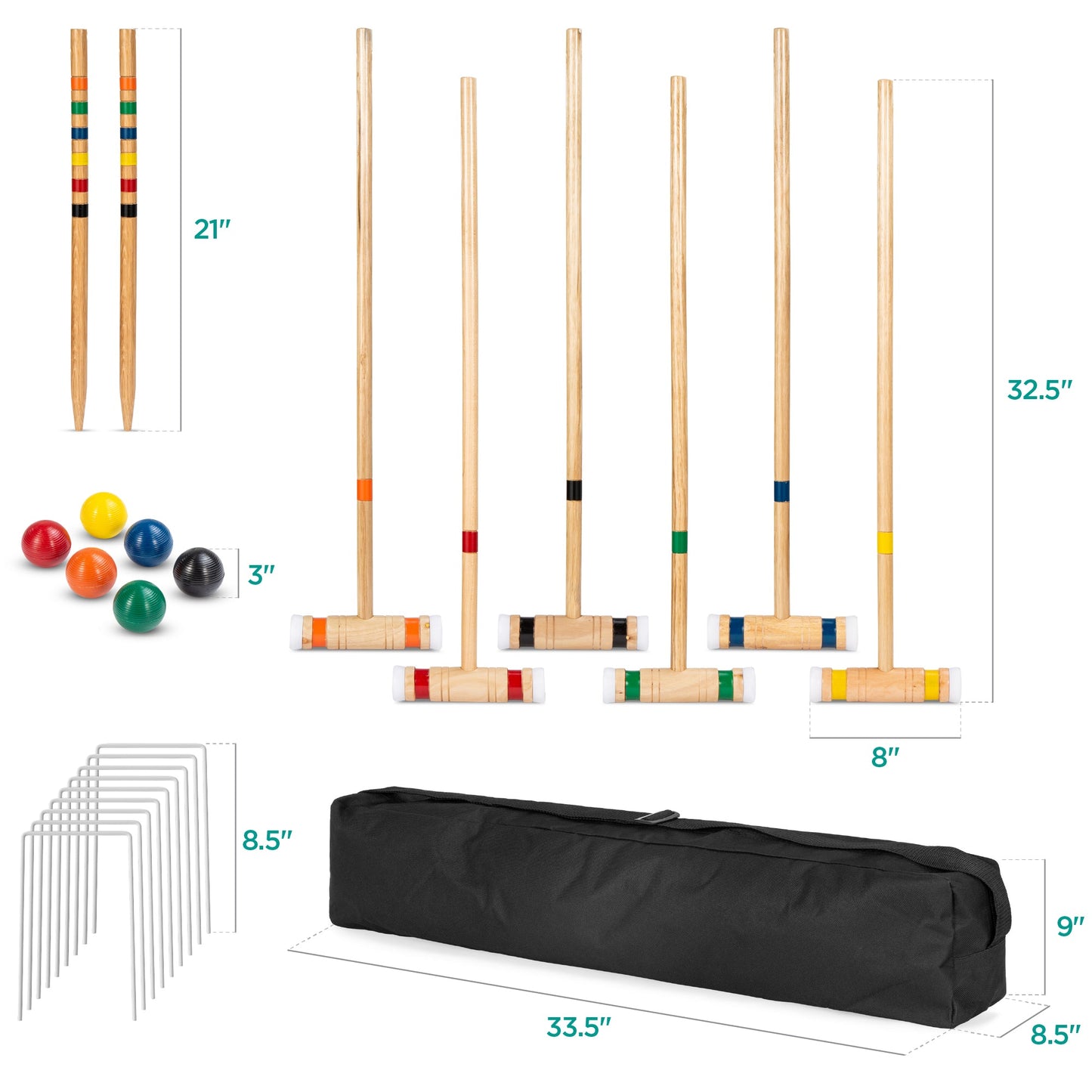 6-Player Wood Croquet Set w/ 6 Mallets, 6 Balls, Wickets, Stakes, Bag - 32in