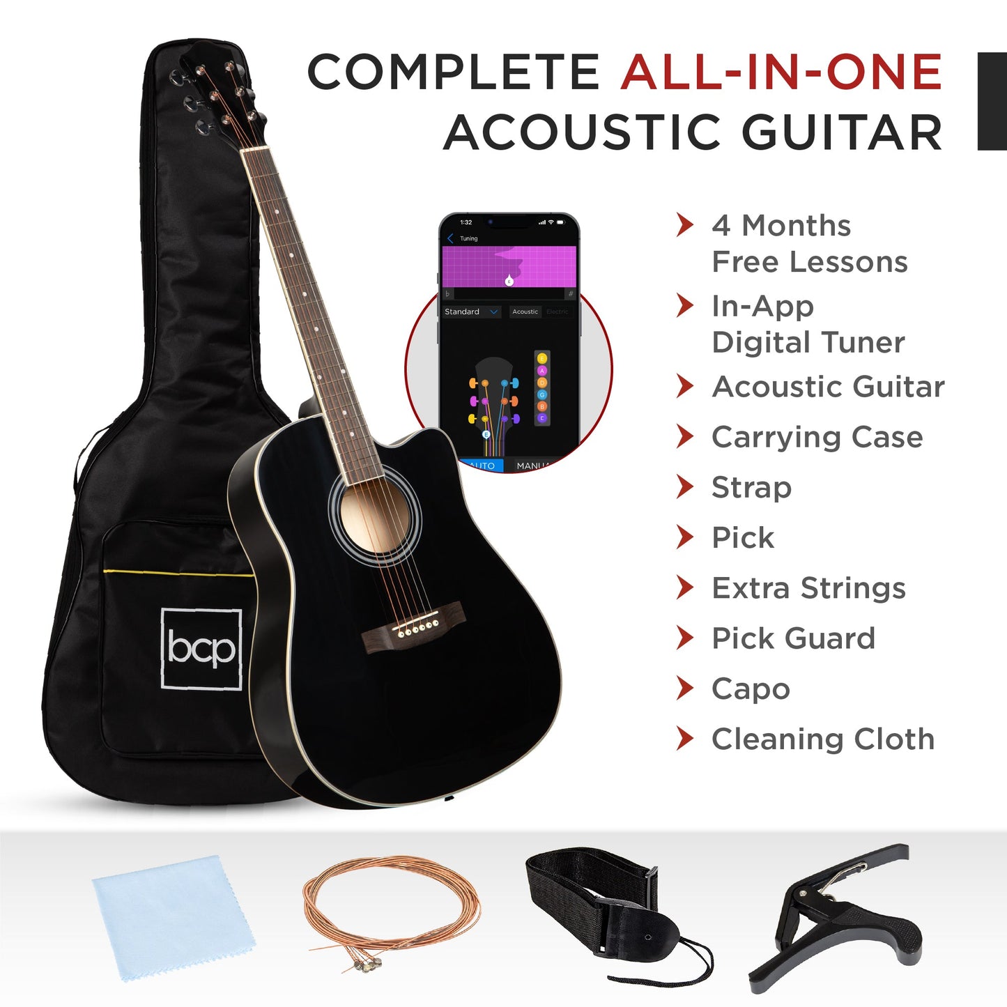 Full Size Beginner Acoustic Guitar Set with Case, Strap, Capo - 41in