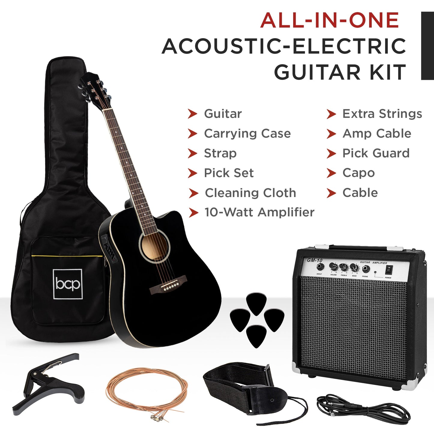 Beginner Acoustic Electric Cutaway Guitar Set w/ Gig Bag, Strap - 41in