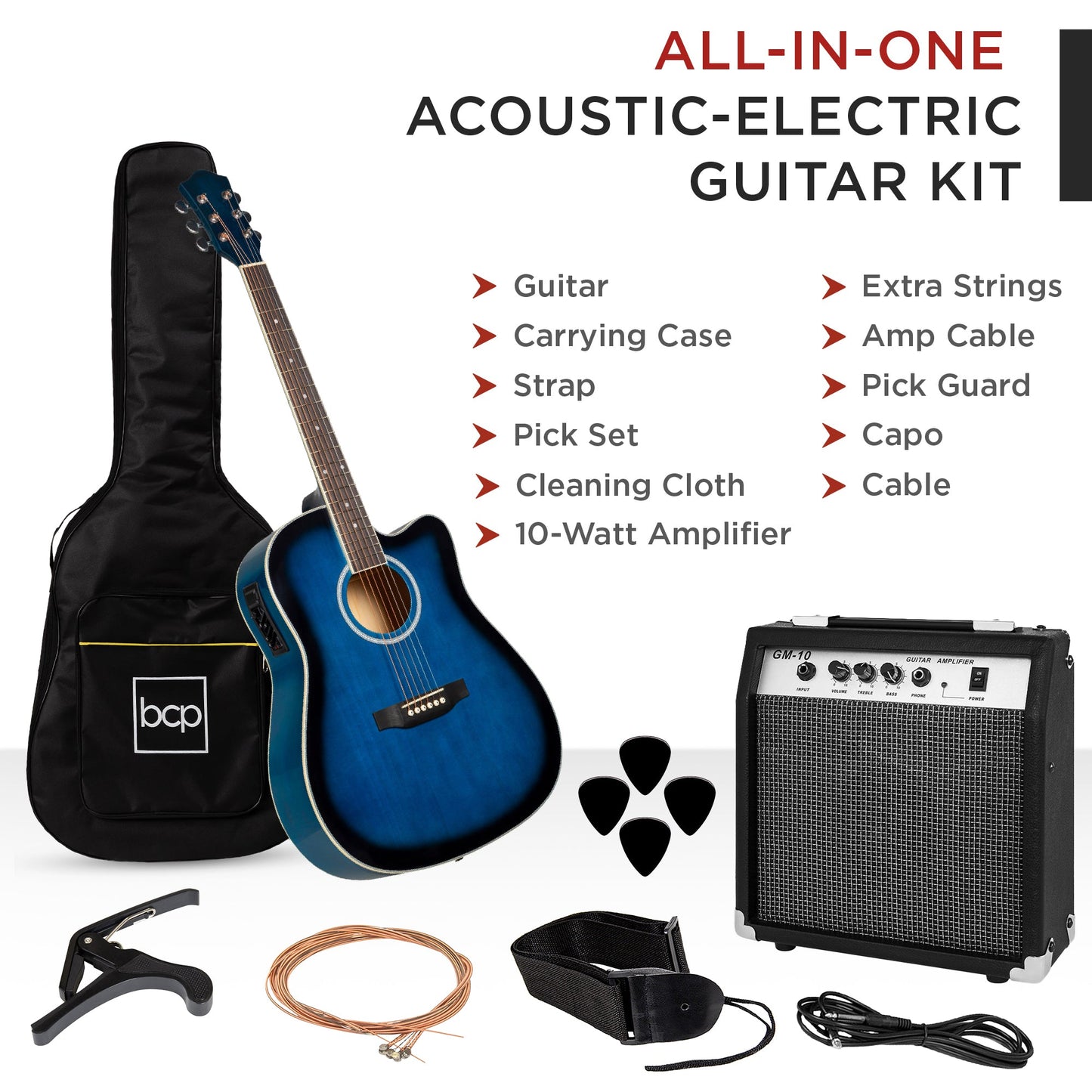 Beginner Acoustic Electric Cutaway Guitar Set w/ Gig Bag, Strap - 41in