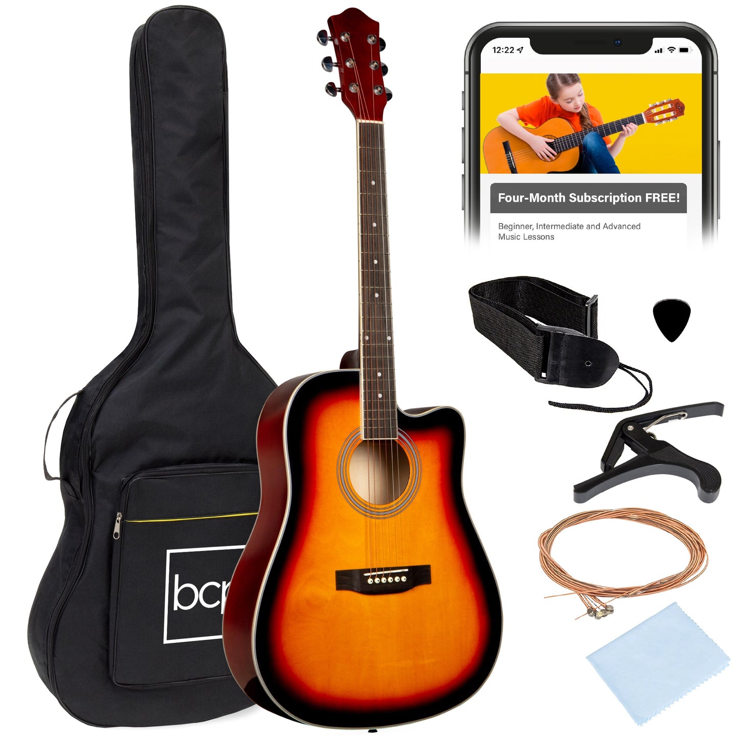 Full Size Beginner Acoustic Guitar Set with Case, Strap, Capo - 41in