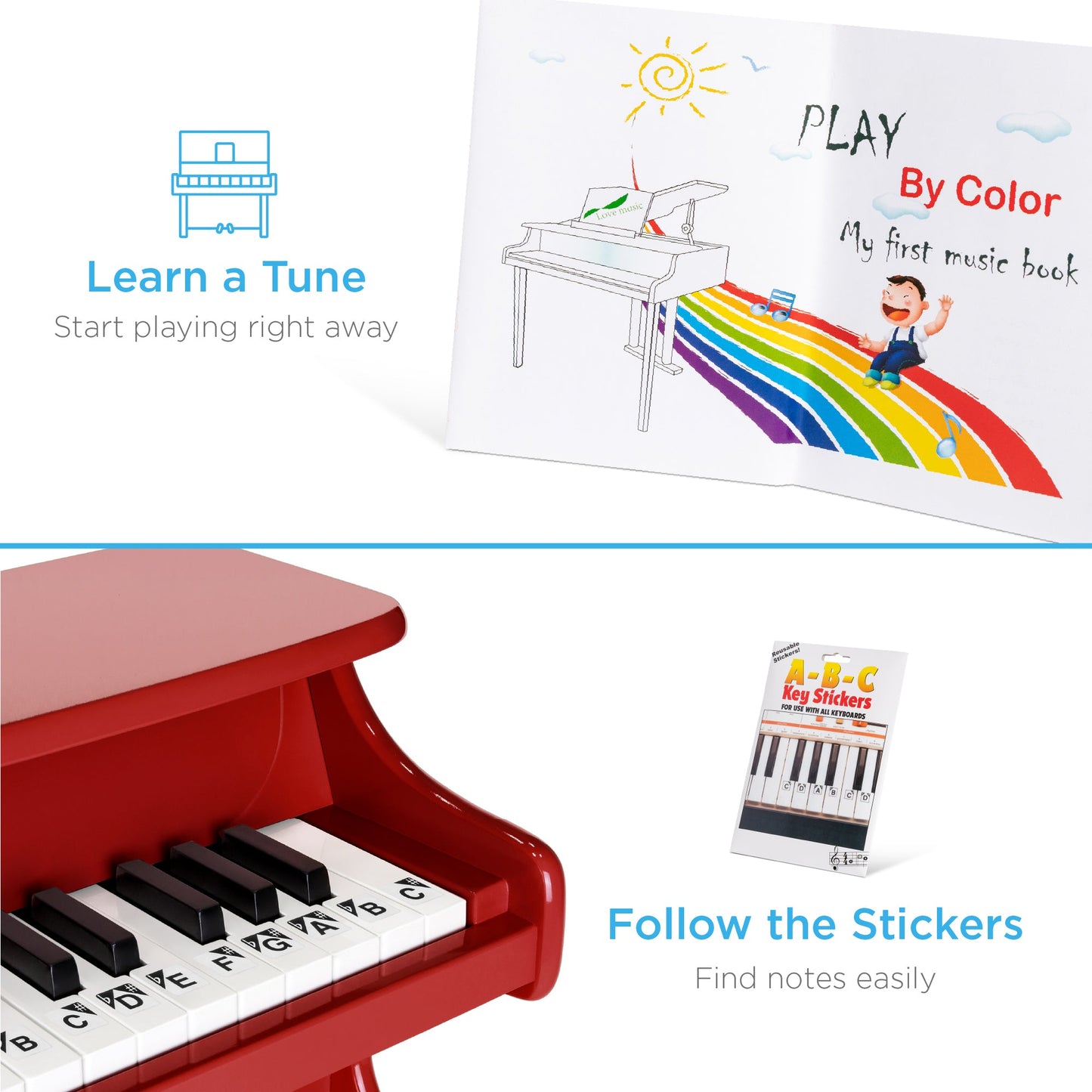 Kids 25-Key Wooden Learn-to-Play Mini Piano w/ Key Note Stickers, Music Book