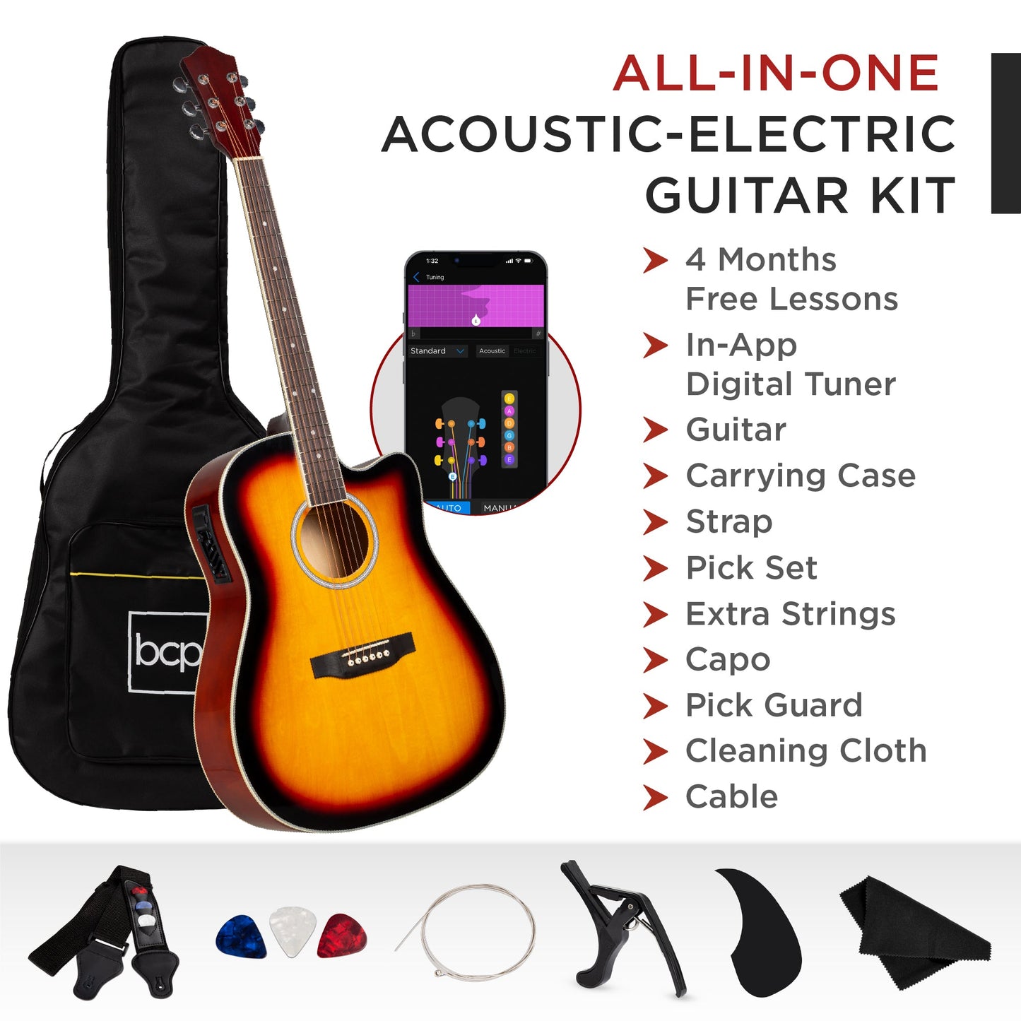 41in Beginner Acoustic Electric Cutaway Guitar Set w/ Case, Strap