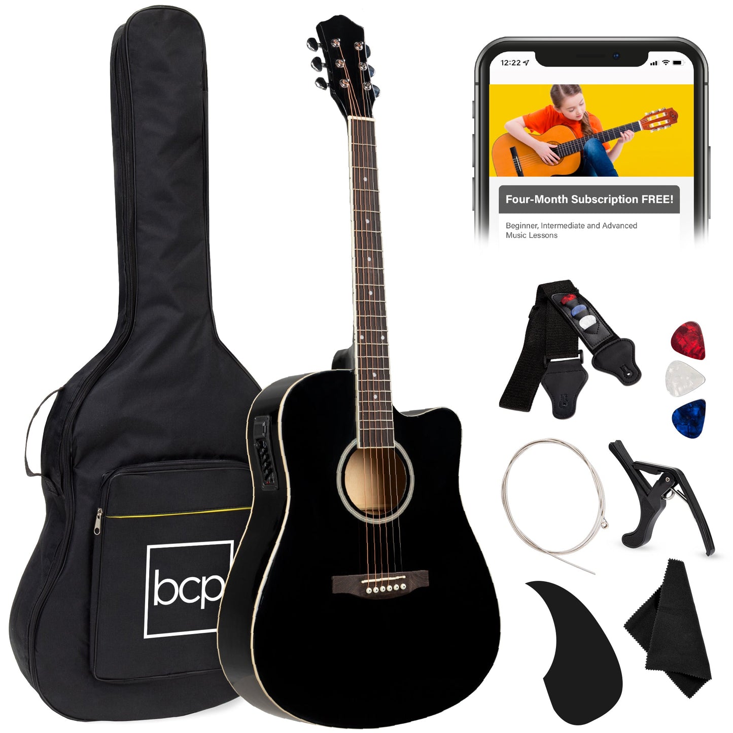 41in Beginner Acoustic Electric Cutaway Guitar Set w/ Case, Strap