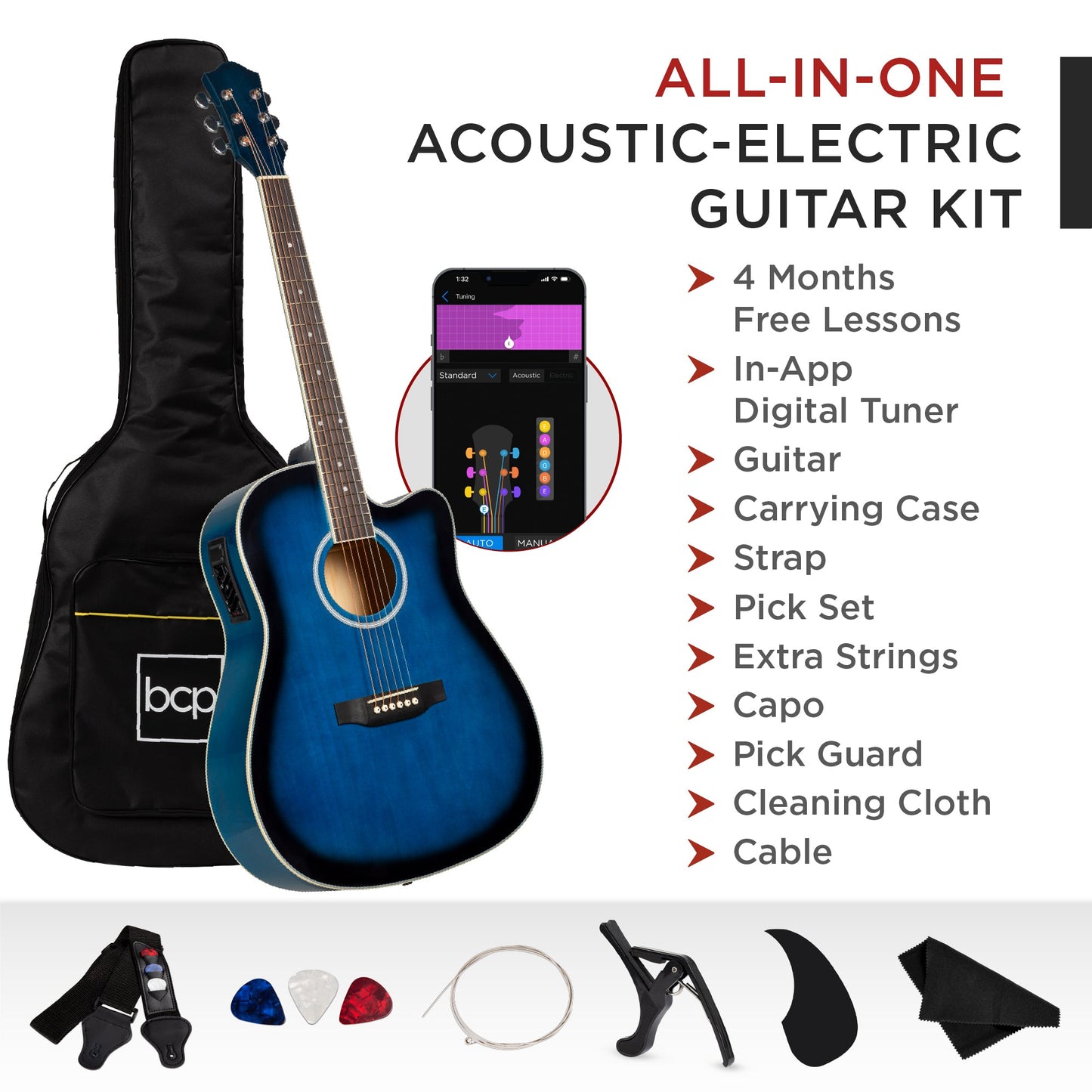 41in Beginner Acoustic Electric Cutaway Guitar Set w/ Case, Strap