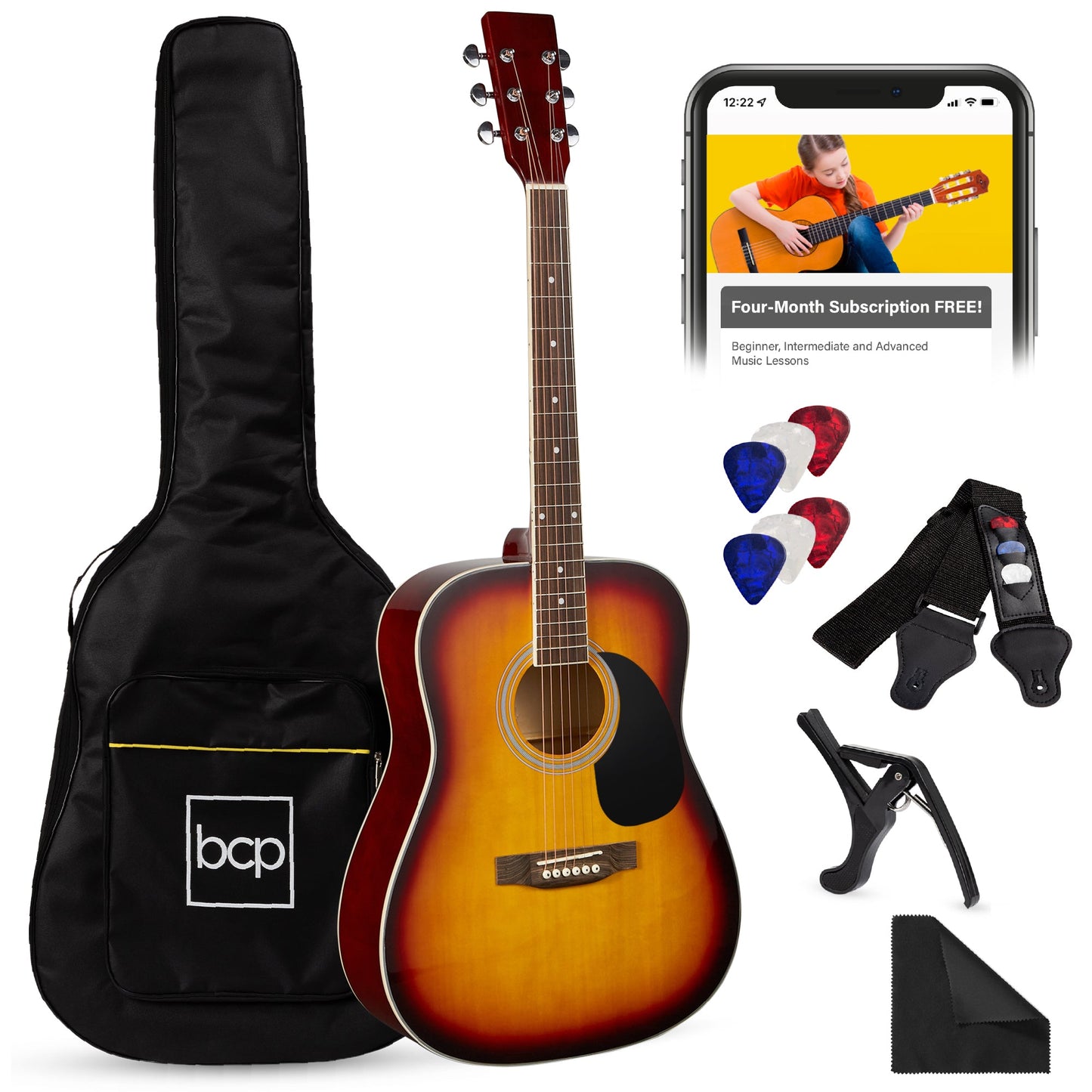 41in Acoustic Guitar Starter Kit w/ Digital Tuner, Padded Case, Picks, Strap