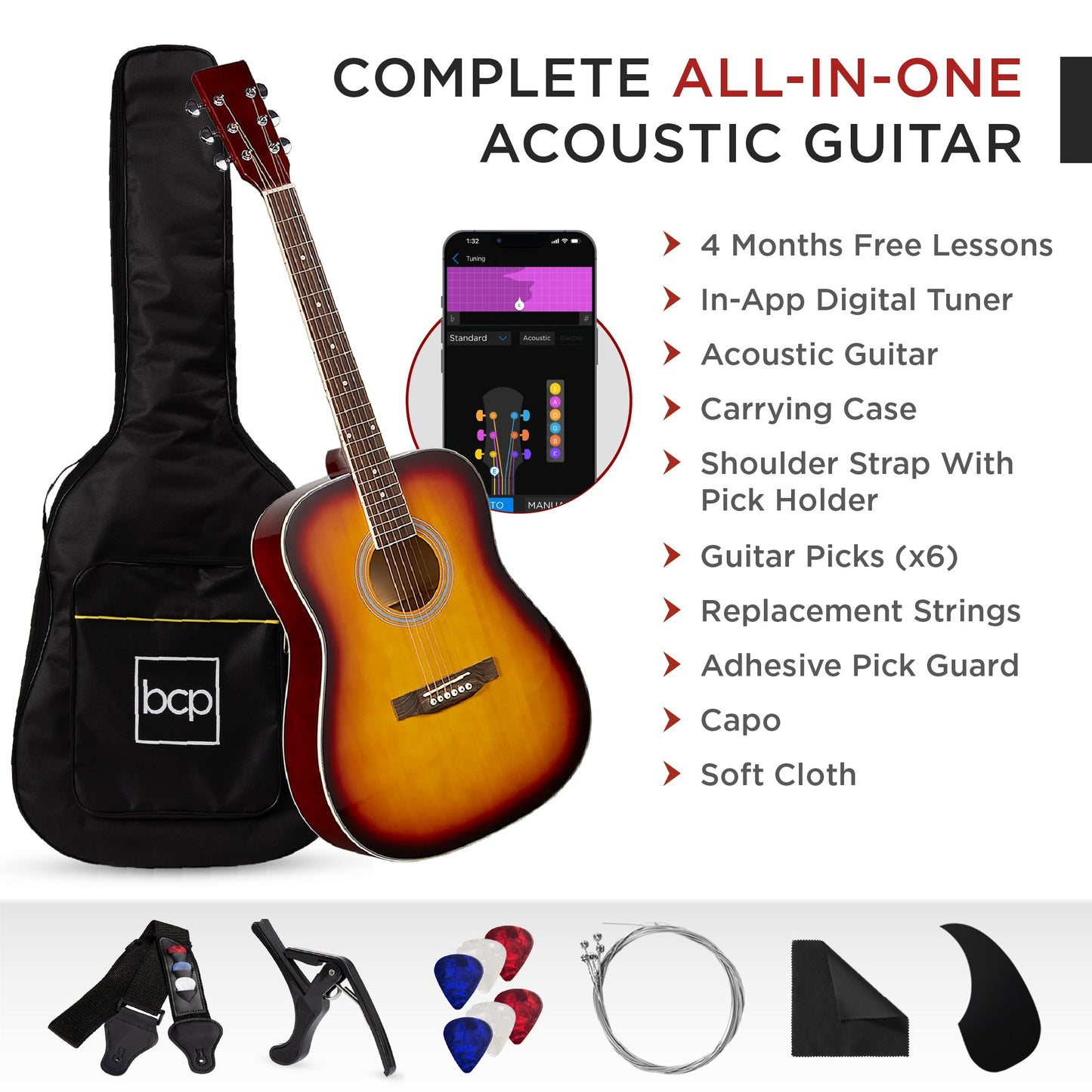 41in Acoustic Guitar Starter Kit w/ Digital Tuner, Padded Case, Picks, Strap