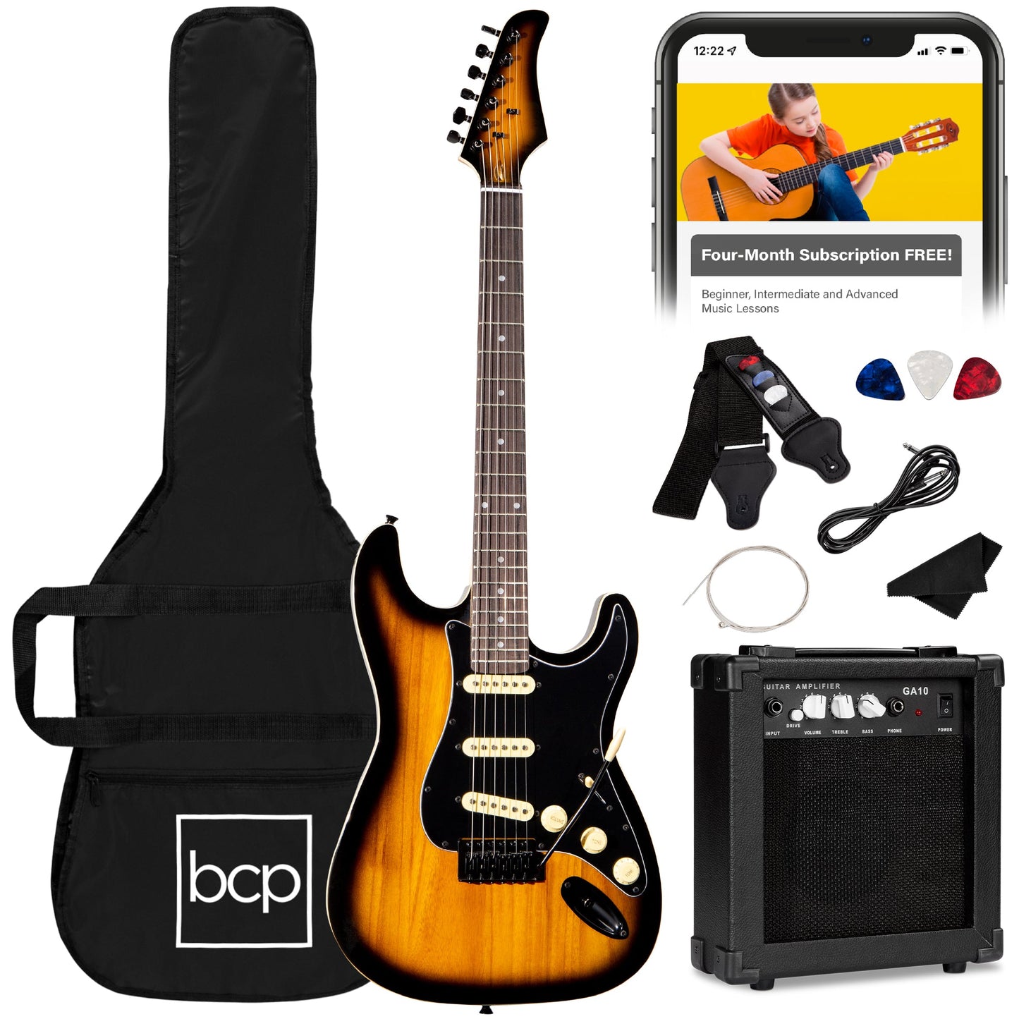 Beginner Electric Guitar Kit w/ Case, 10W Amp, Tremolo Bar - 39in