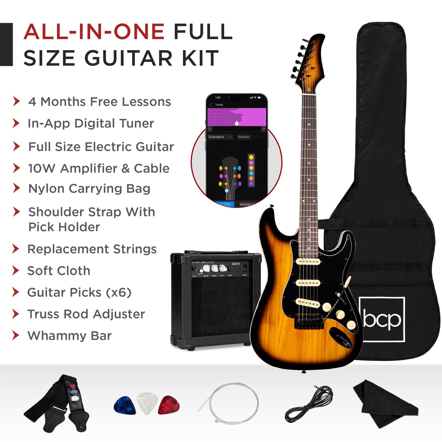 Beginner Electric Guitar Kit w/ Case, 10W Amp, Tremolo Bar - 39in