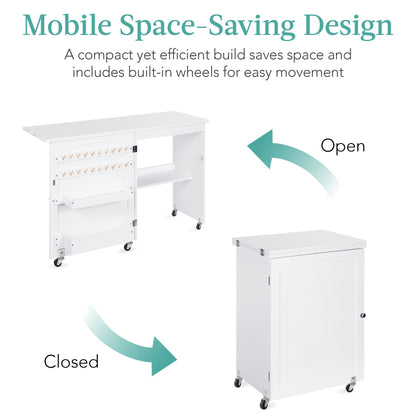 Folding Sewing Table Multipurpose Craft Station & Side Table w/ Wheels