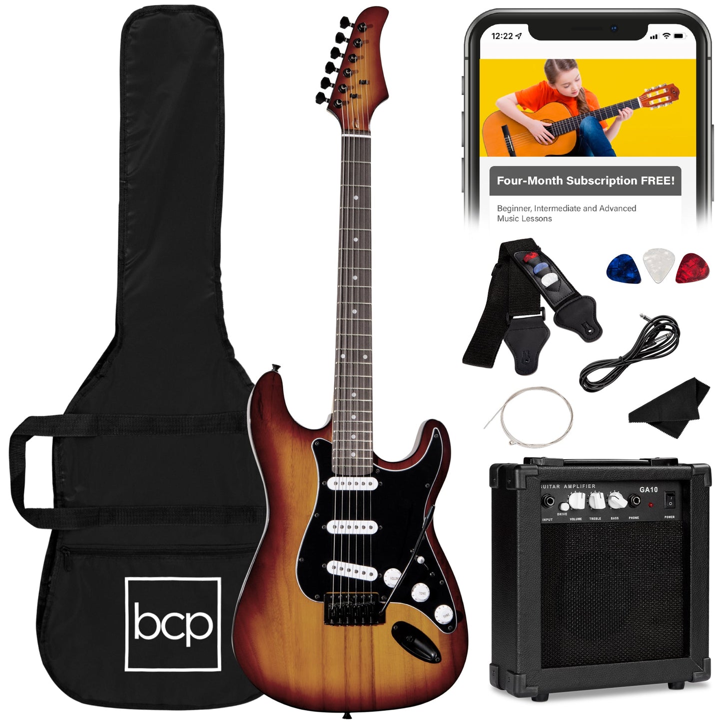 Beginner Electric Guitar Kit w/ Case, 10W Amp, Tremolo Bar - 39in