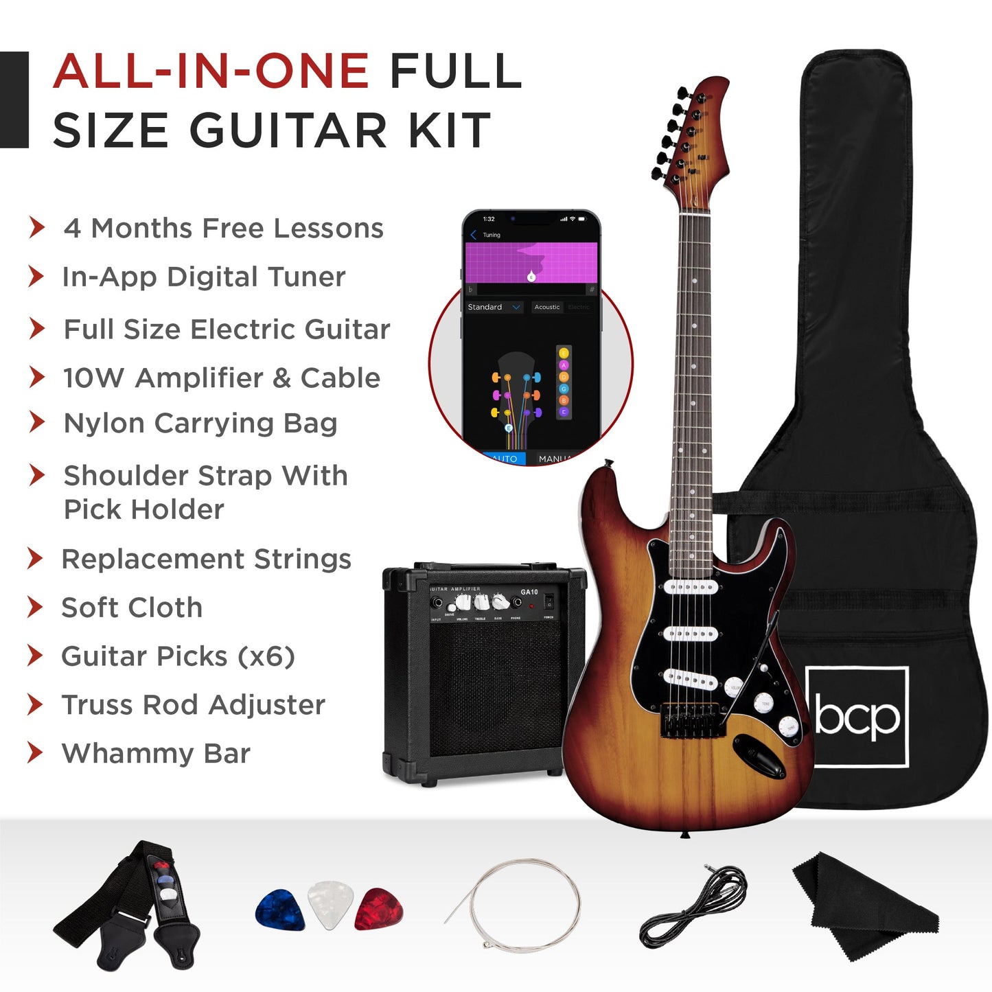 Beginner Electric Guitar Kit w/ Case, 10W Amp, Tremolo Bar - 39in