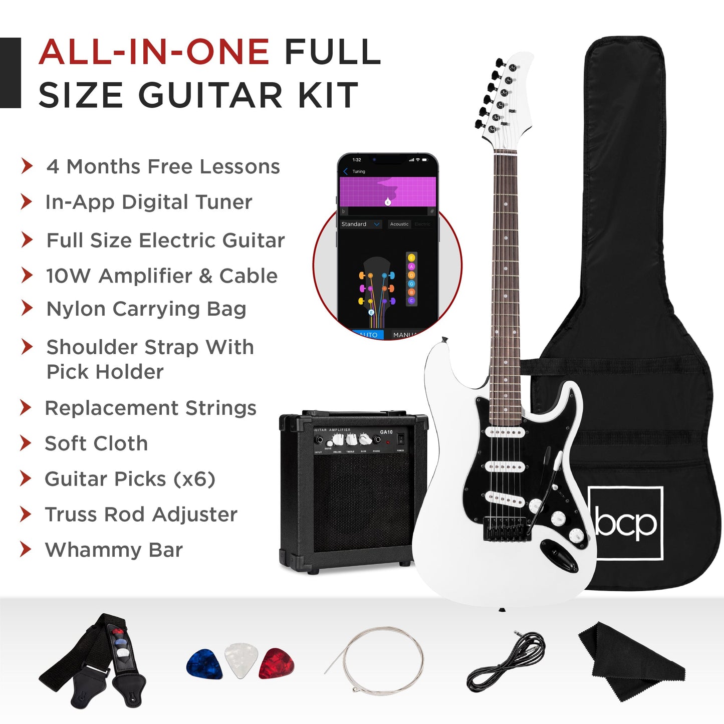 Beginner Electric Guitar Kit w/ Case, 10W Amp, Tremolo Bar - 39in