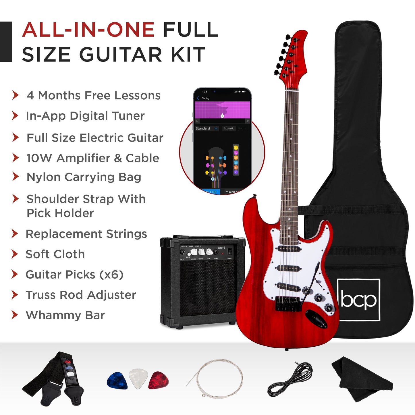 Beginner Electric Guitar Kit w/ Case, 10W Amp, Tremolo Bar - 39in