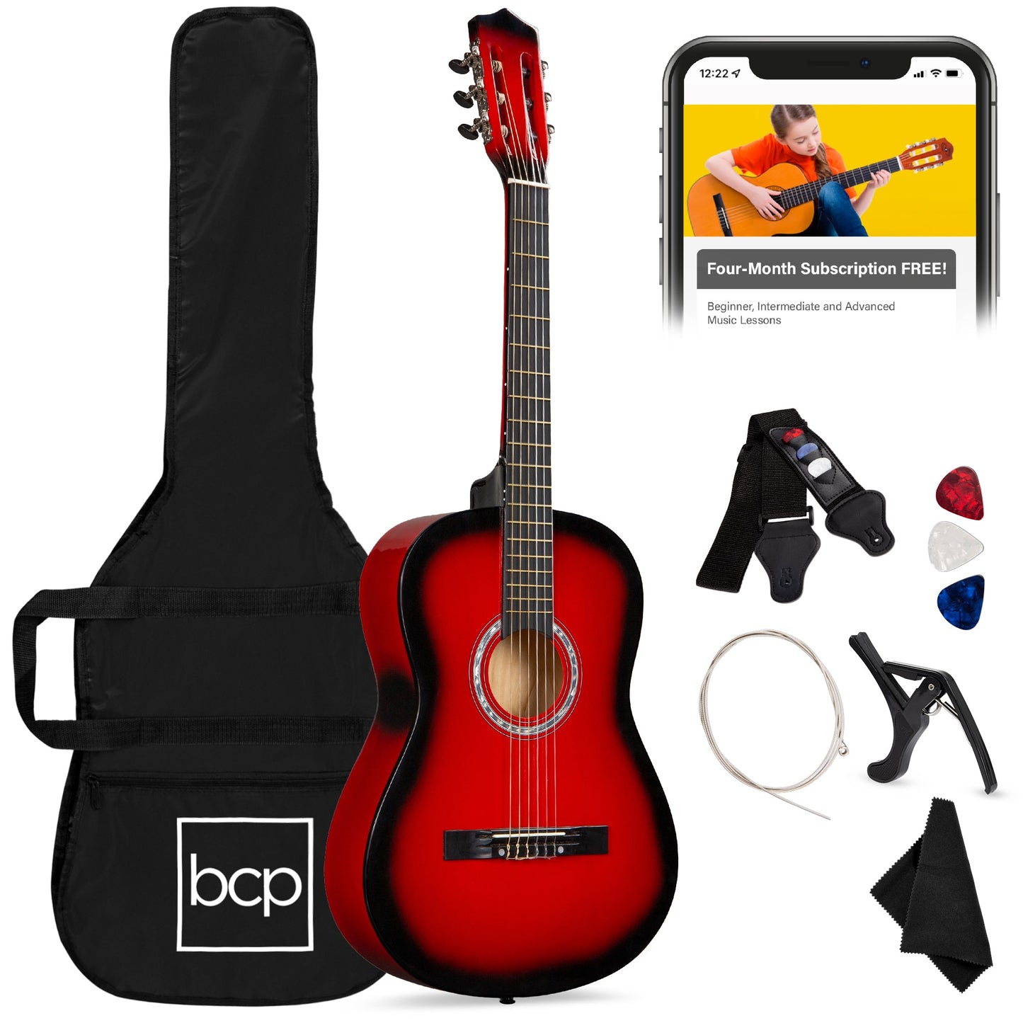 Beginner Acoustic Guitar Set w/ Case, Strap, Extra Strings - 38in