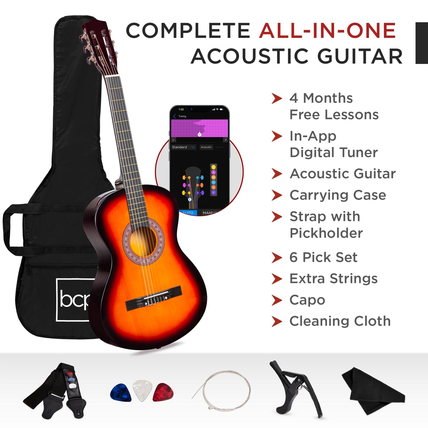 Beginner Acoustic Guitar Set w/ Case, Strap, Extra Strings - 38in