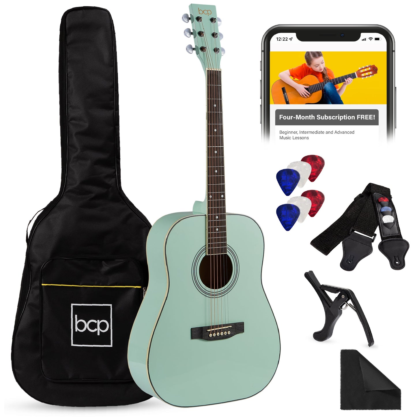 41in Acoustic Guitar Starter Kit w/ Digital Tuner, Padded Case, Picks, Strap