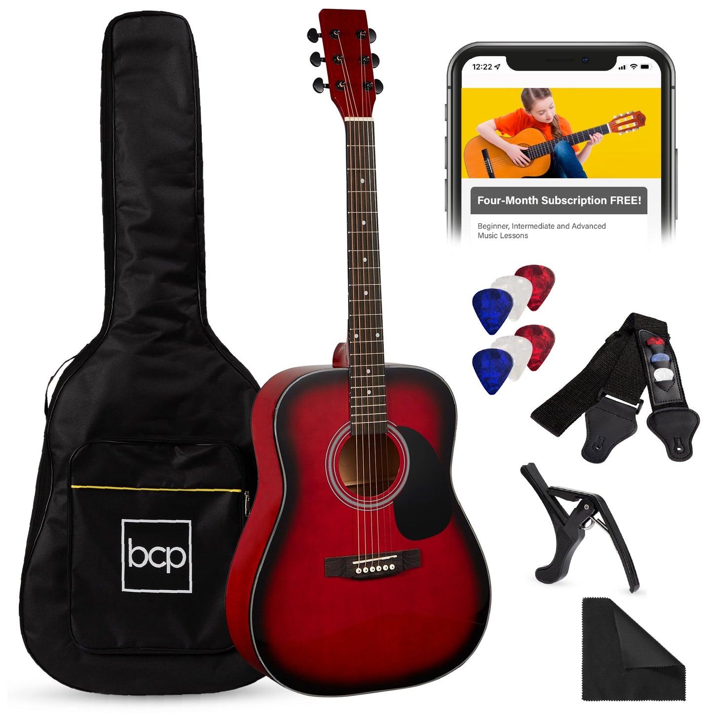 41in Acoustic Guitar Starter Kit w/ Digital Tuner, Padded Case, Picks, Strap