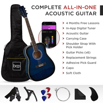 41in Acoustic Guitar Starter Kit w/ Digital Tuner, Padded Case, Picks, Strap