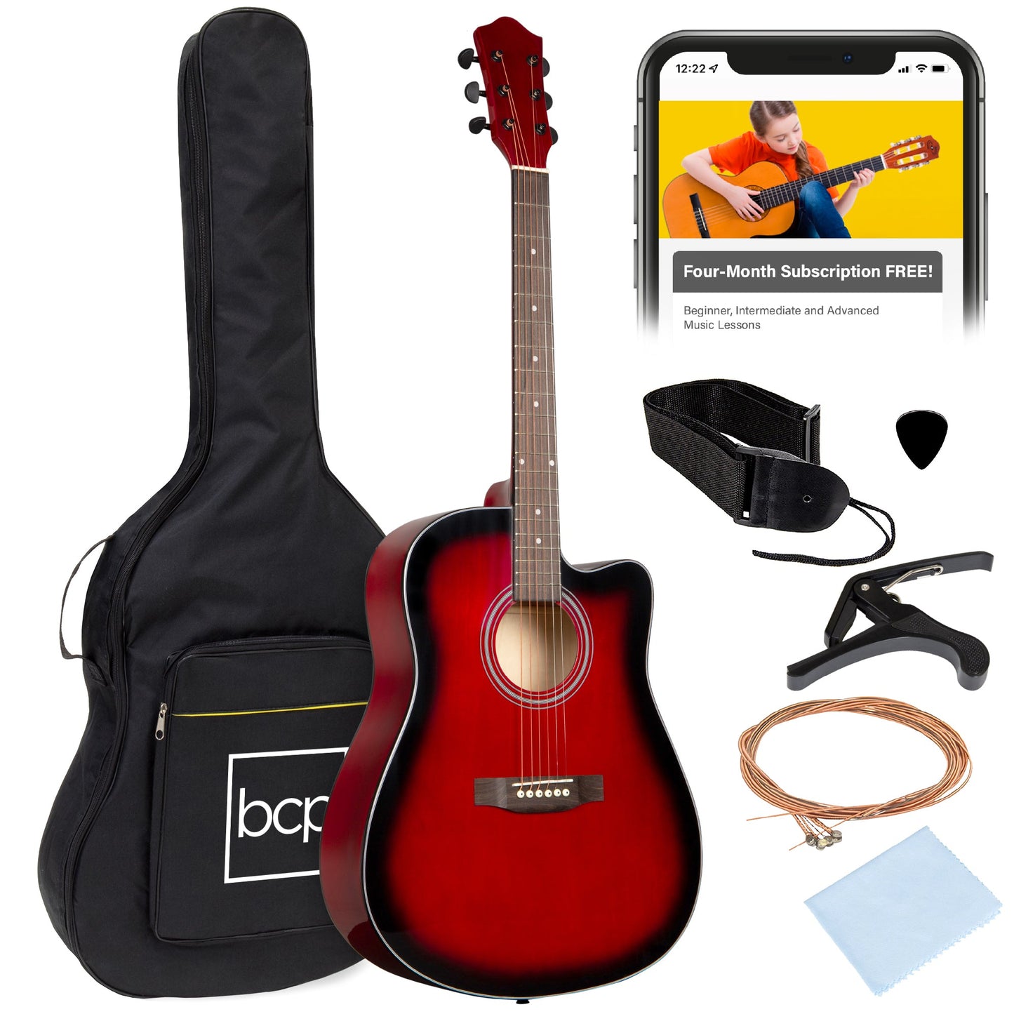 Full Size Beginner Acoustic Guitar Set with Case, Strap, Capo - 41in