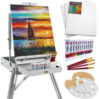 Portable Wooden French Easel w/ 32pc Beginners Kit