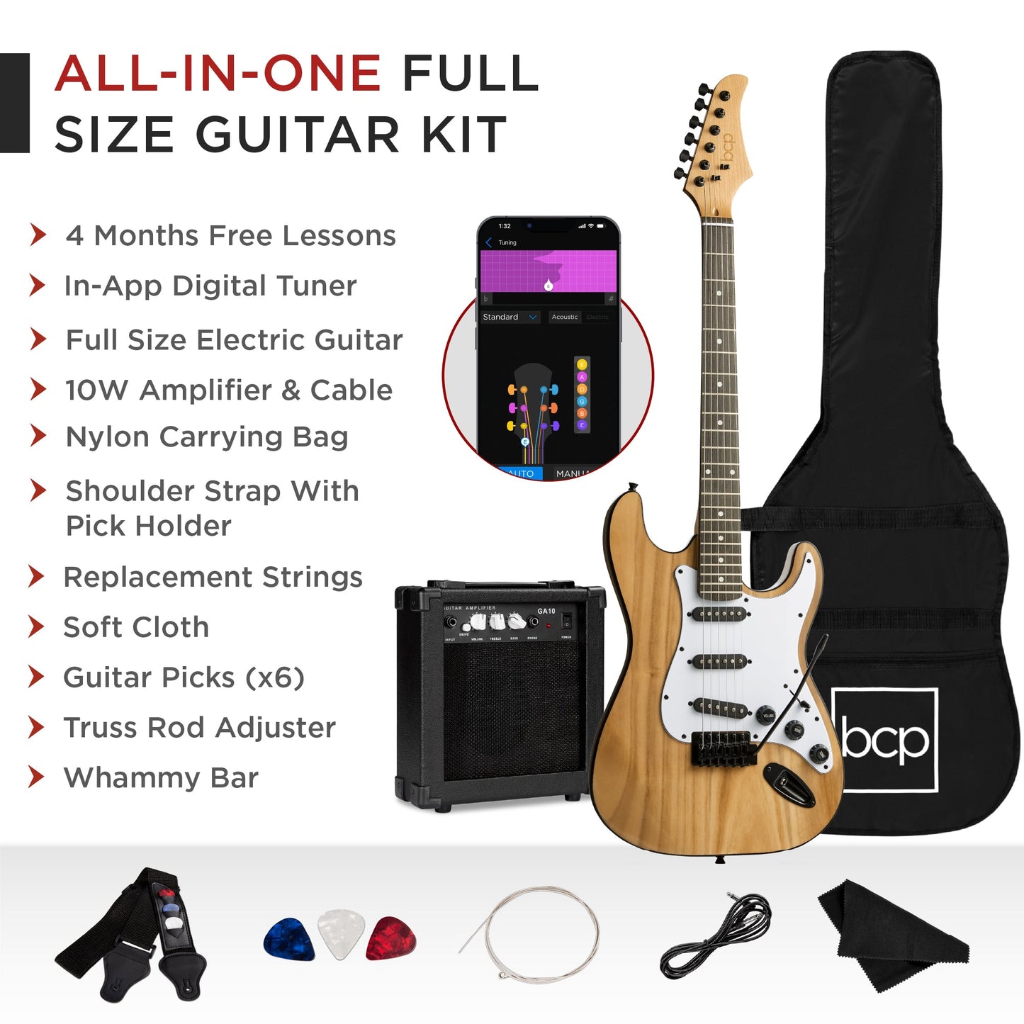 Beginner Electric Guitar Kit w/ Case, 10W Amp, Tremolo Bar - 39in