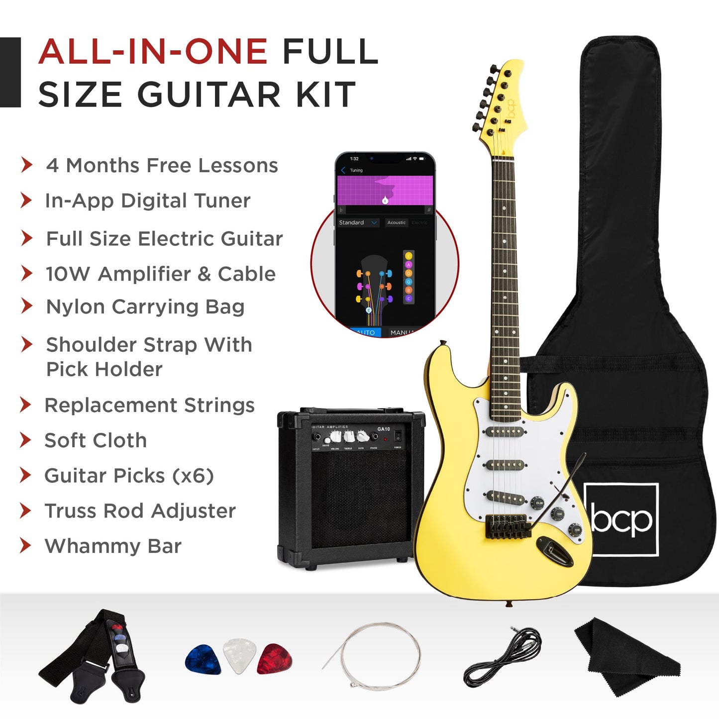 Beginner Electric Guitar Kit w/ Case, 10W Amp, Tremolo Bar - 39in