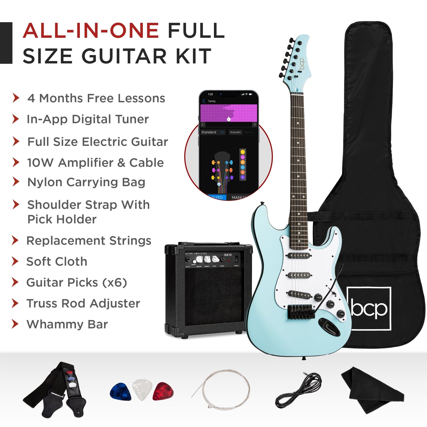 Beginner Electric Guitar Kit w/ Case, 10W Amp, Tremolo Bar - 39in