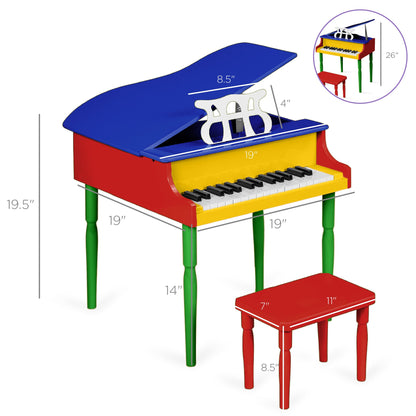 Kids Mini Wooden Grand Piano w/ Lid, Bench, Music Rack, Song Book, Stickers