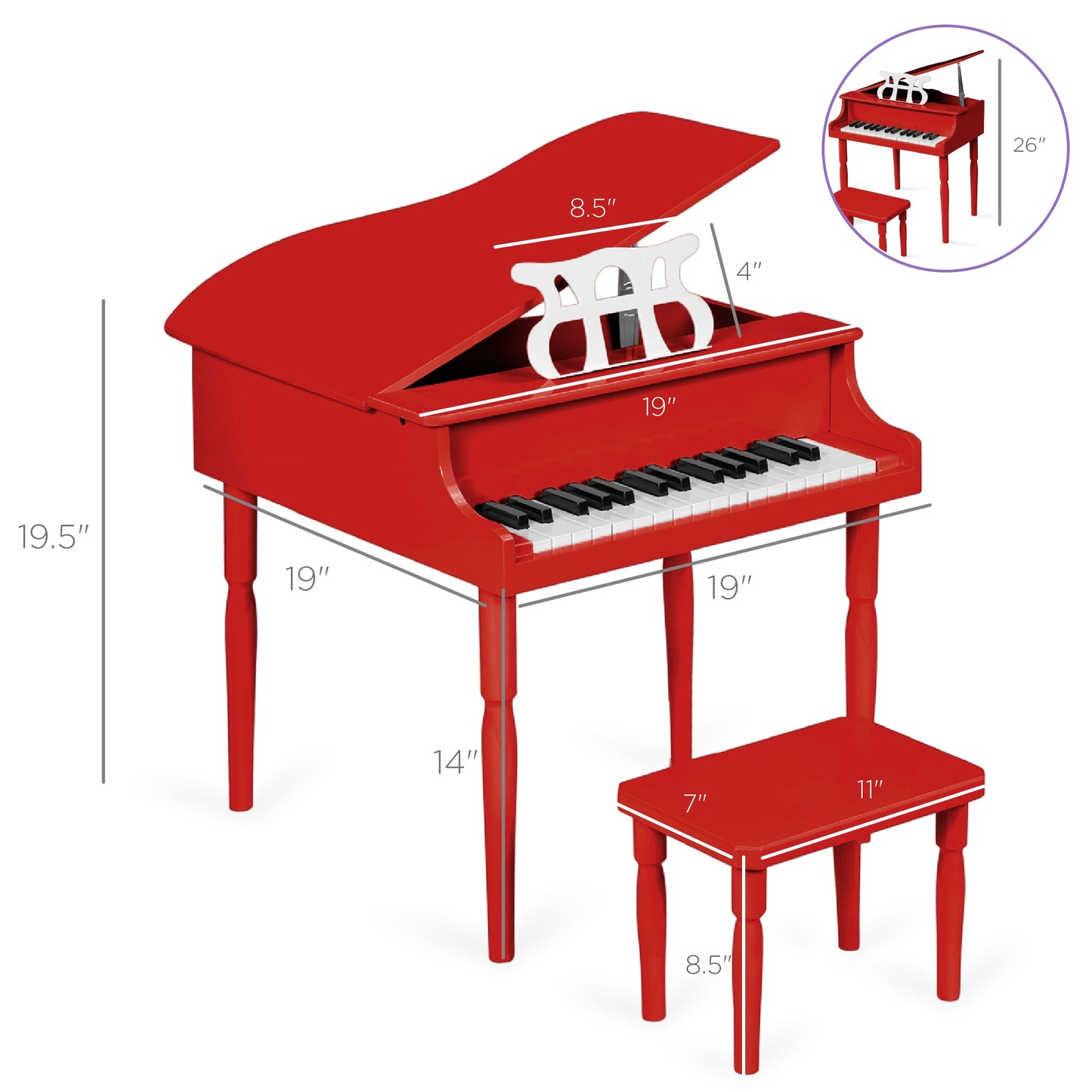 Kids Mini Wooden Grand Piano w/ Lid, Bench, Music Rack, Song Book, Stickers