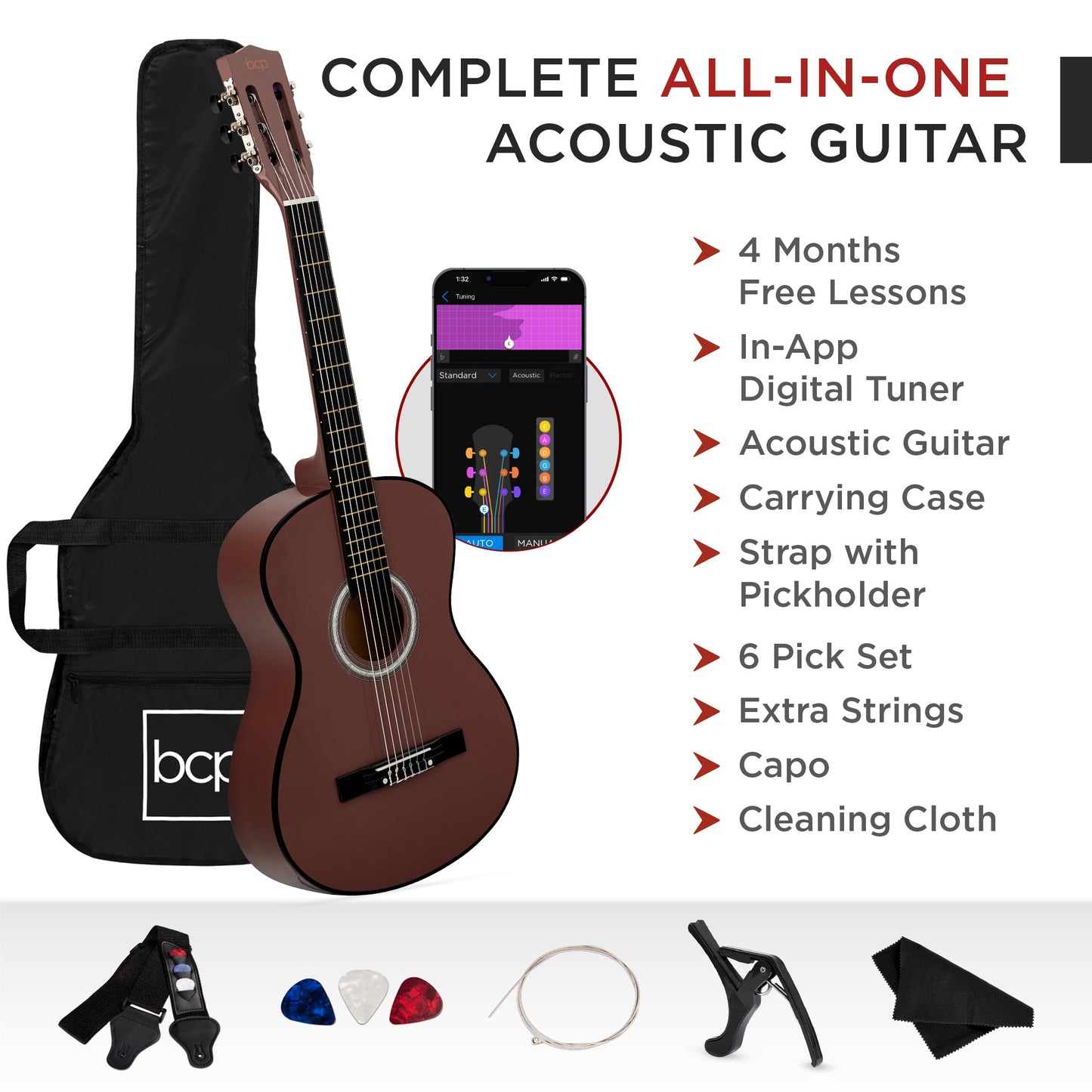 Beginner Acoustic Guitar Set w/ Case, Strap, Extra Strings - 38in