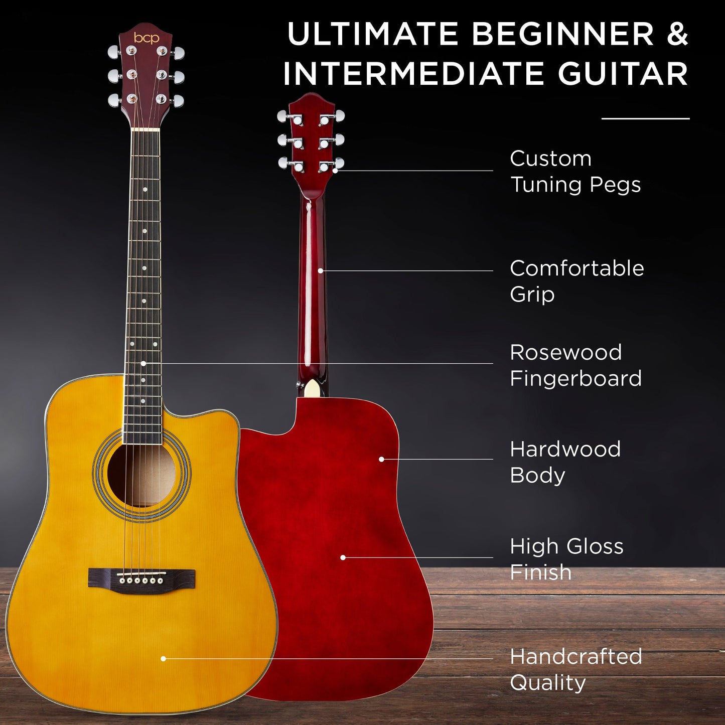 Full Size Beginner Acoustic Guitar Set with Case, Strap, Capo - 41in