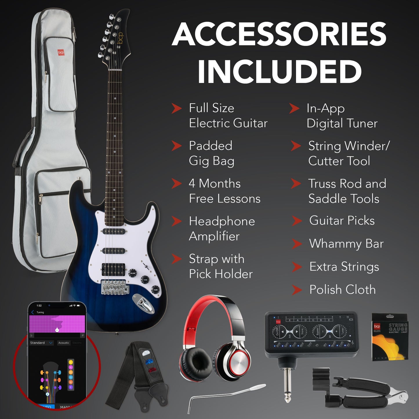 Beginner Electric Guitar Kit w/ Headphone Amp, Padded Gig Bag, Headphones