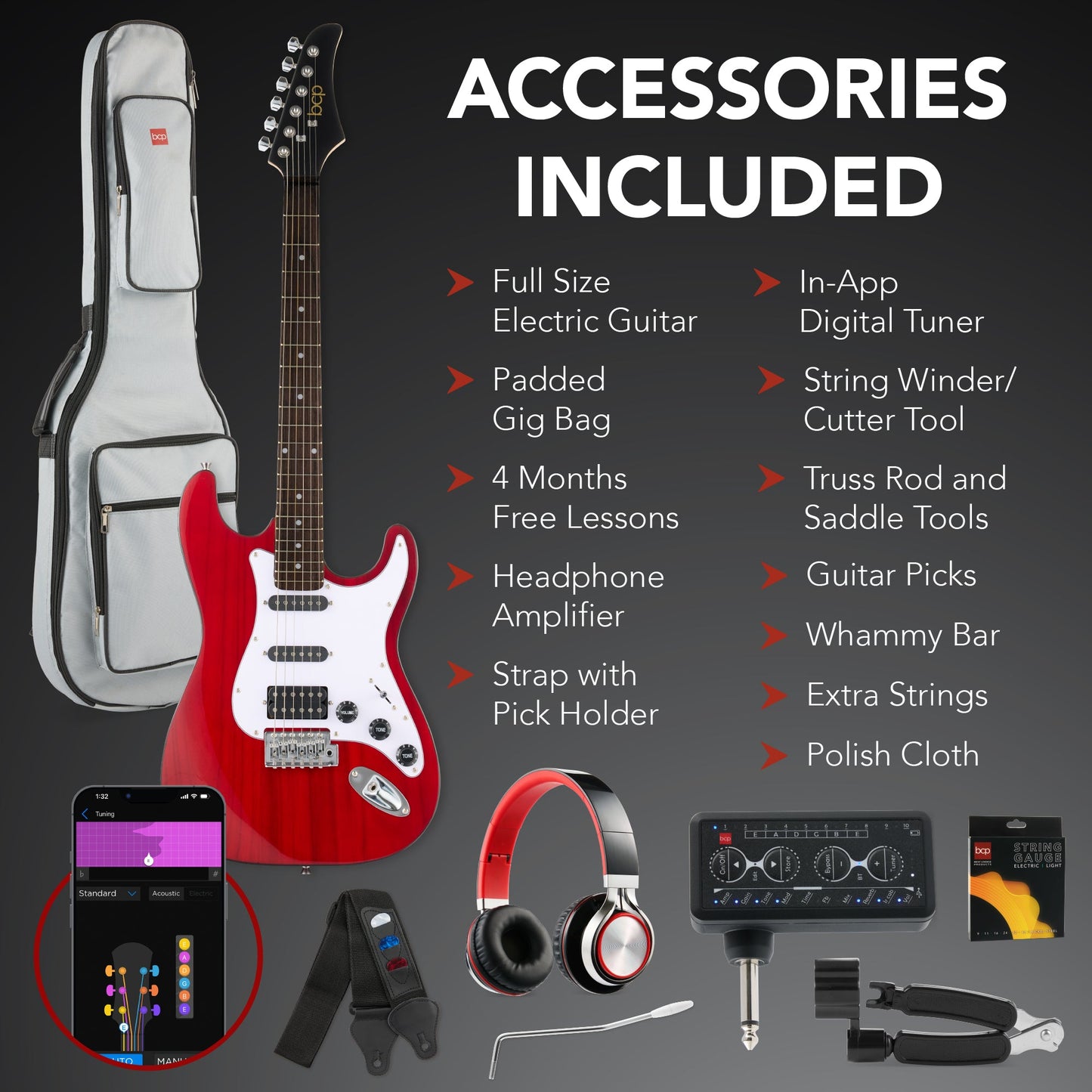 Beginner Electric Guitar Kit w/ Headphone Amp, Padded Gig Bag, Headphones