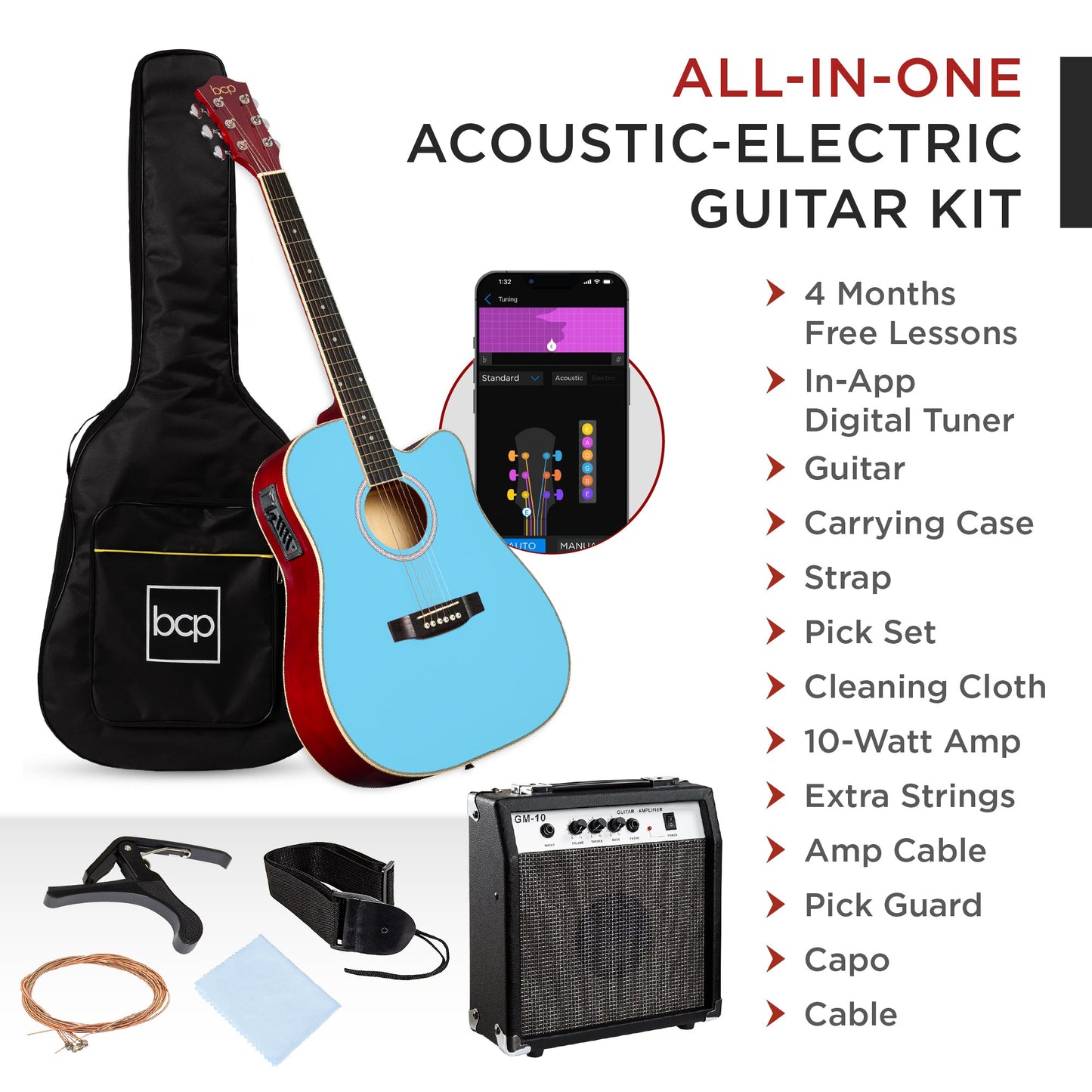 Beginner Acoustic Electric Cutaway Guitar Set w/ Gig Bag, Strap - 41in